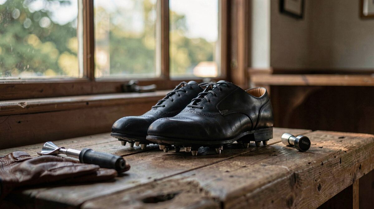 A pair of golf shoes with metal studs resting on a wooden bench beside a stud tool and a leather glove, lit by low afternoon light through a clubhouse window.