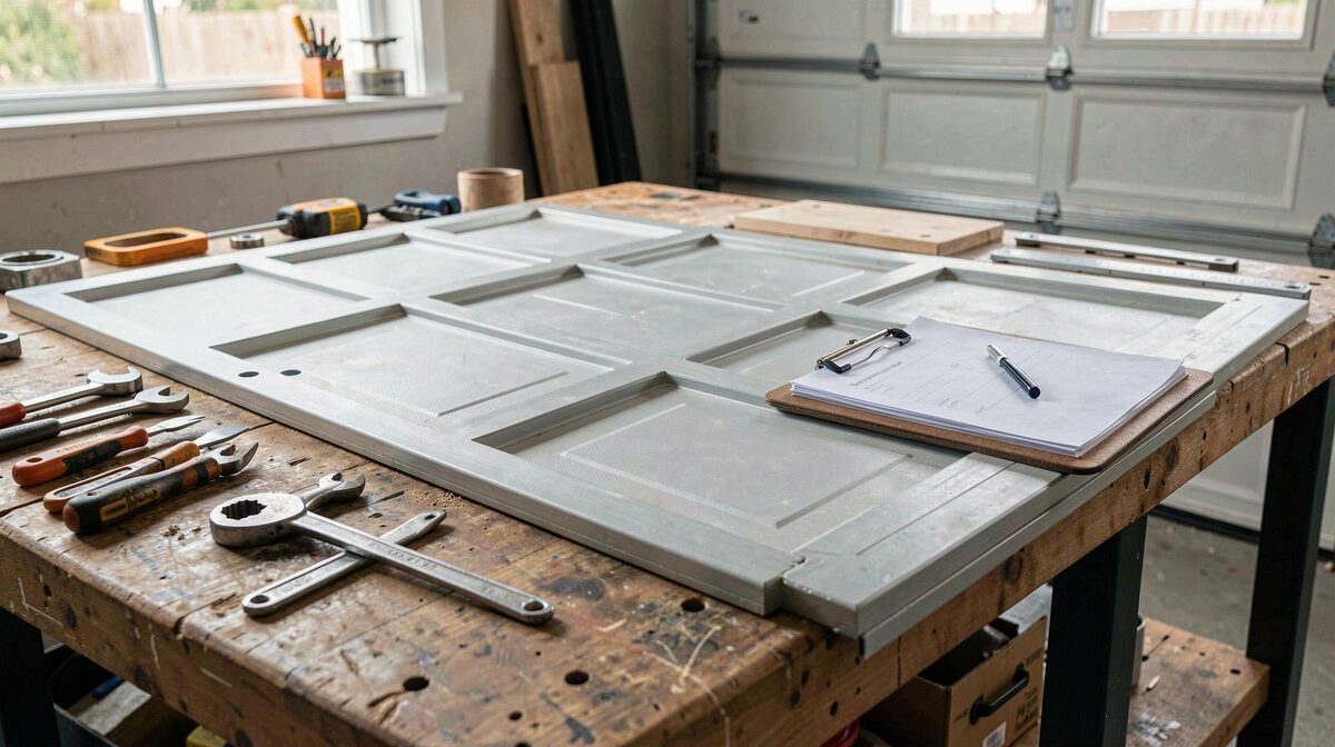 A workshop bench in daylight with a sectional garage door panel laid flat, hand tools arranged beside it and an assessor's clipboard resting on the door edge.